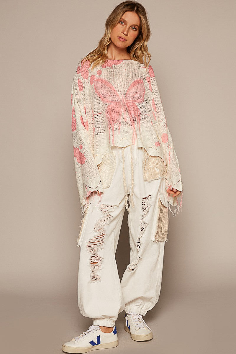 POL Oversize Butterfly Print Pullover Sweater Top