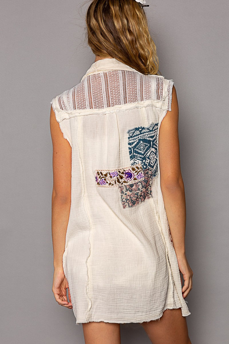 POL Sleeveless Button Down Patch Gauze Frayed Edge Dress Top Jacket