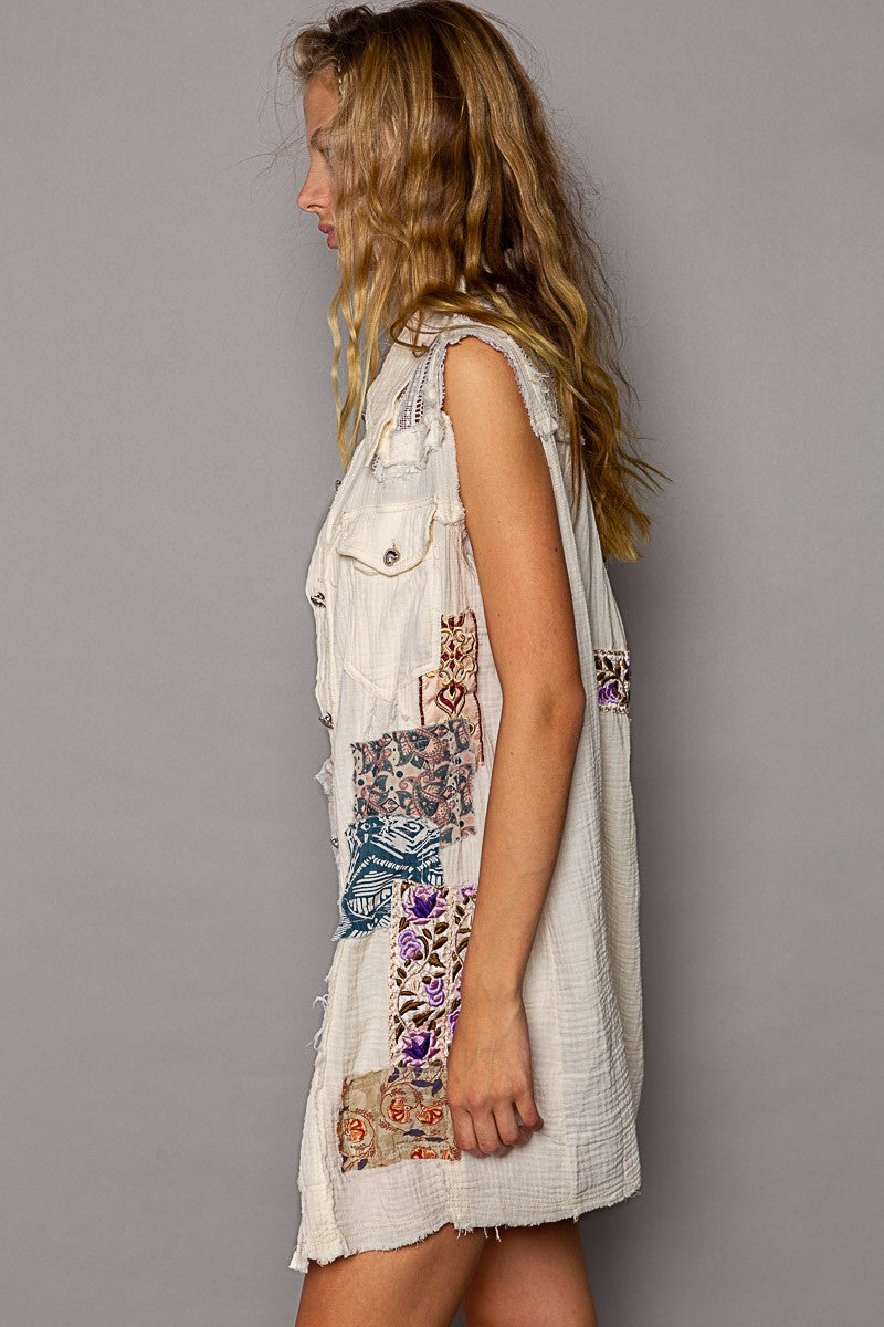 POL Sleeveless Button Down Patch Gauze Frayed Edge Dress Top Jacket