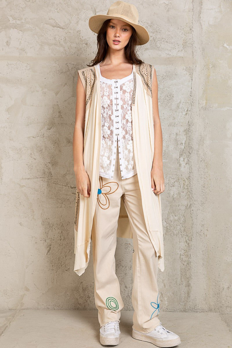 POL Open Front Embellished Studs Sleeveless Tunic Top