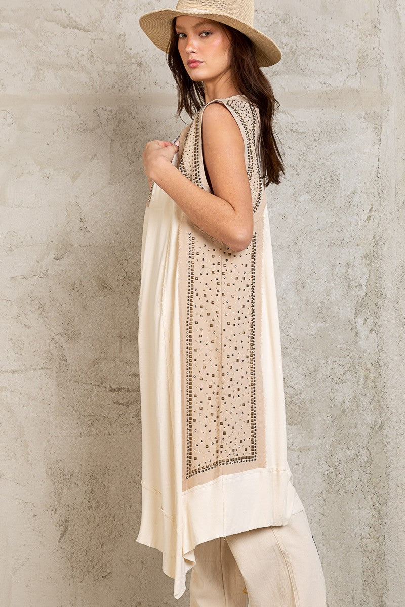 POL Open Front Embellished Studs Sleeveless Tunic Top