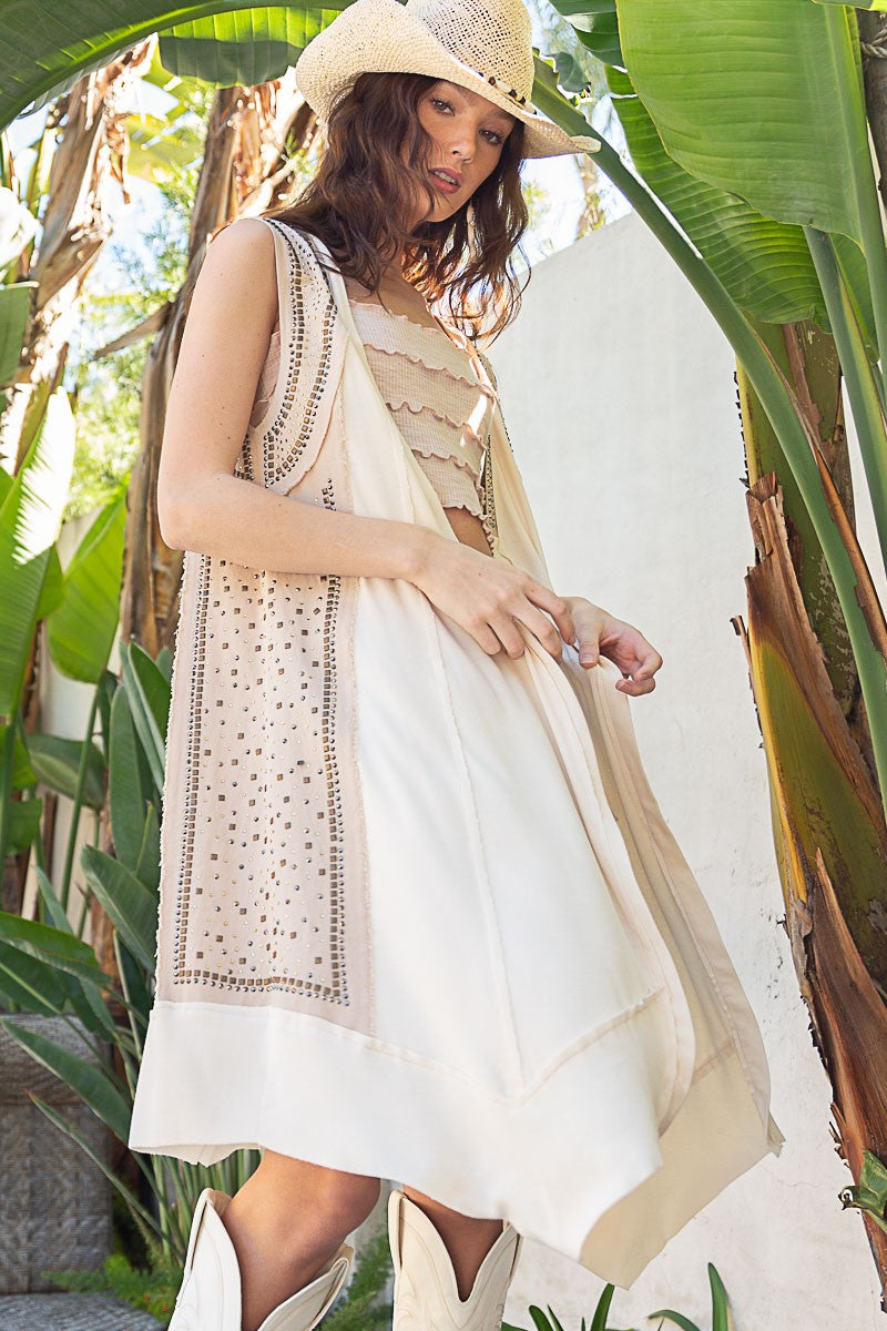 POL Open Front Embellished Studs Sleeveless Tunic Top