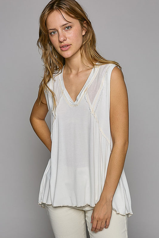 POL Sleeveless V Neck Outseam Babydoll Top