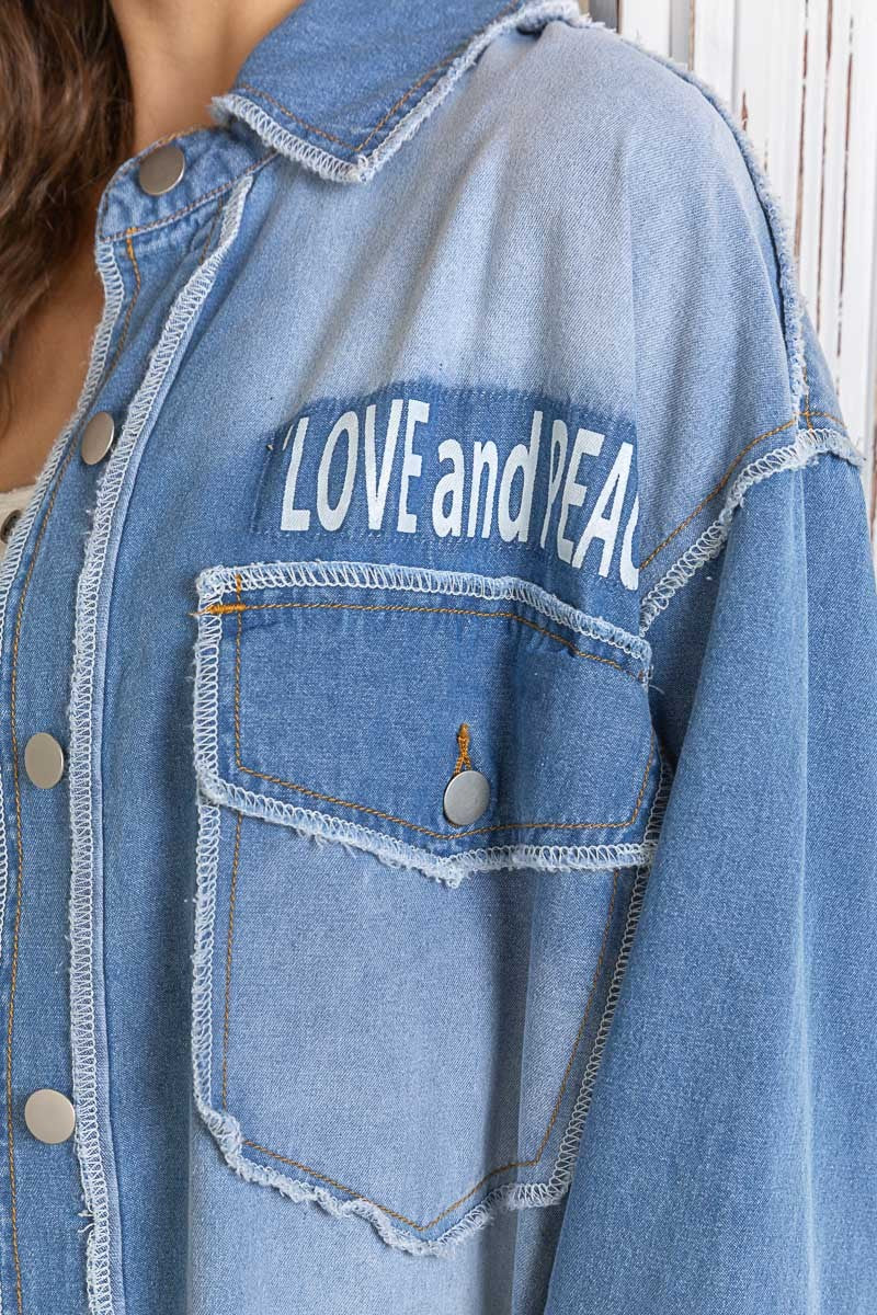 POL Vintage Wash Text Print Oversize Overlock Shirt Top