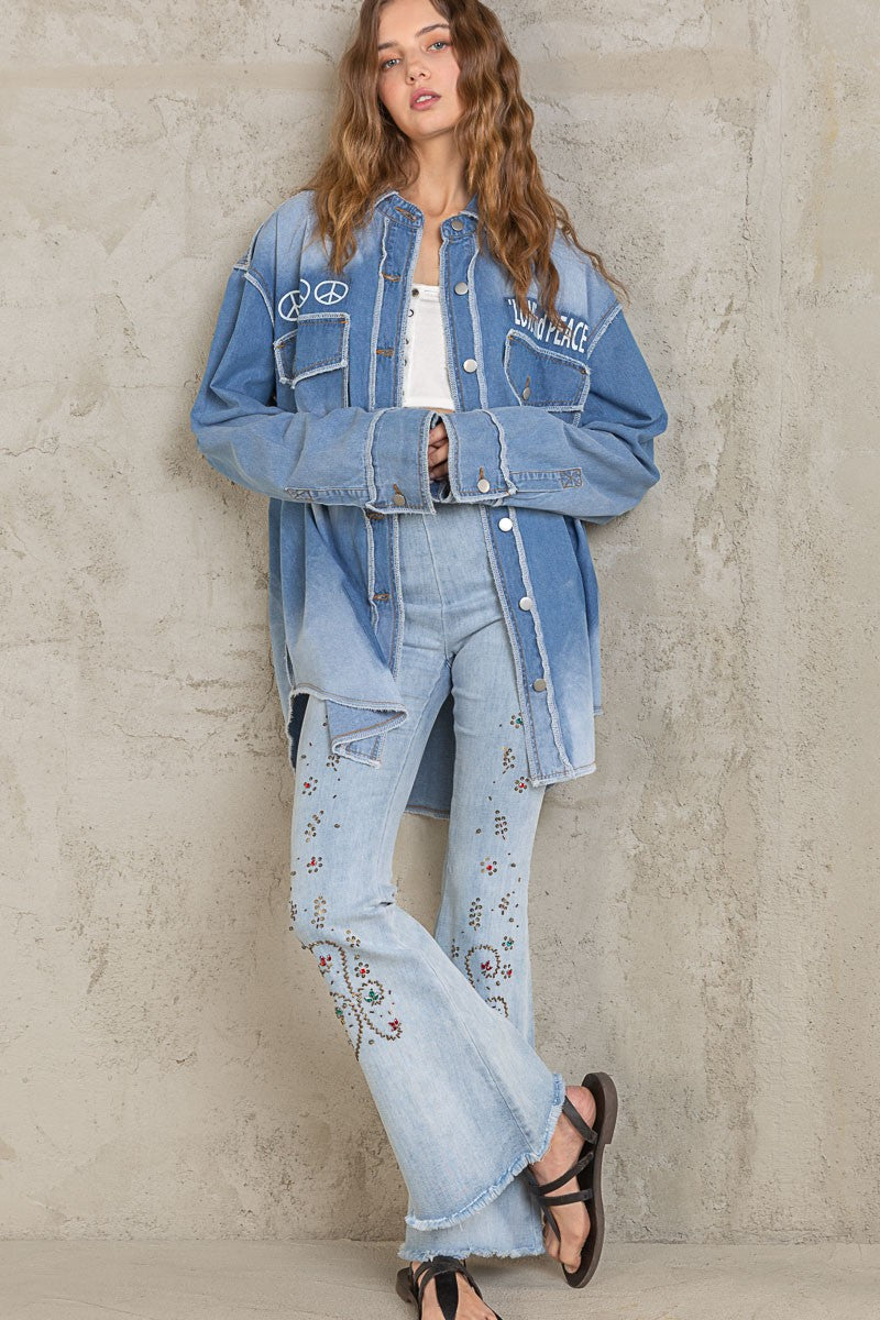 POL Vintage Wash Text Print Oversize Overlock Shirt Top