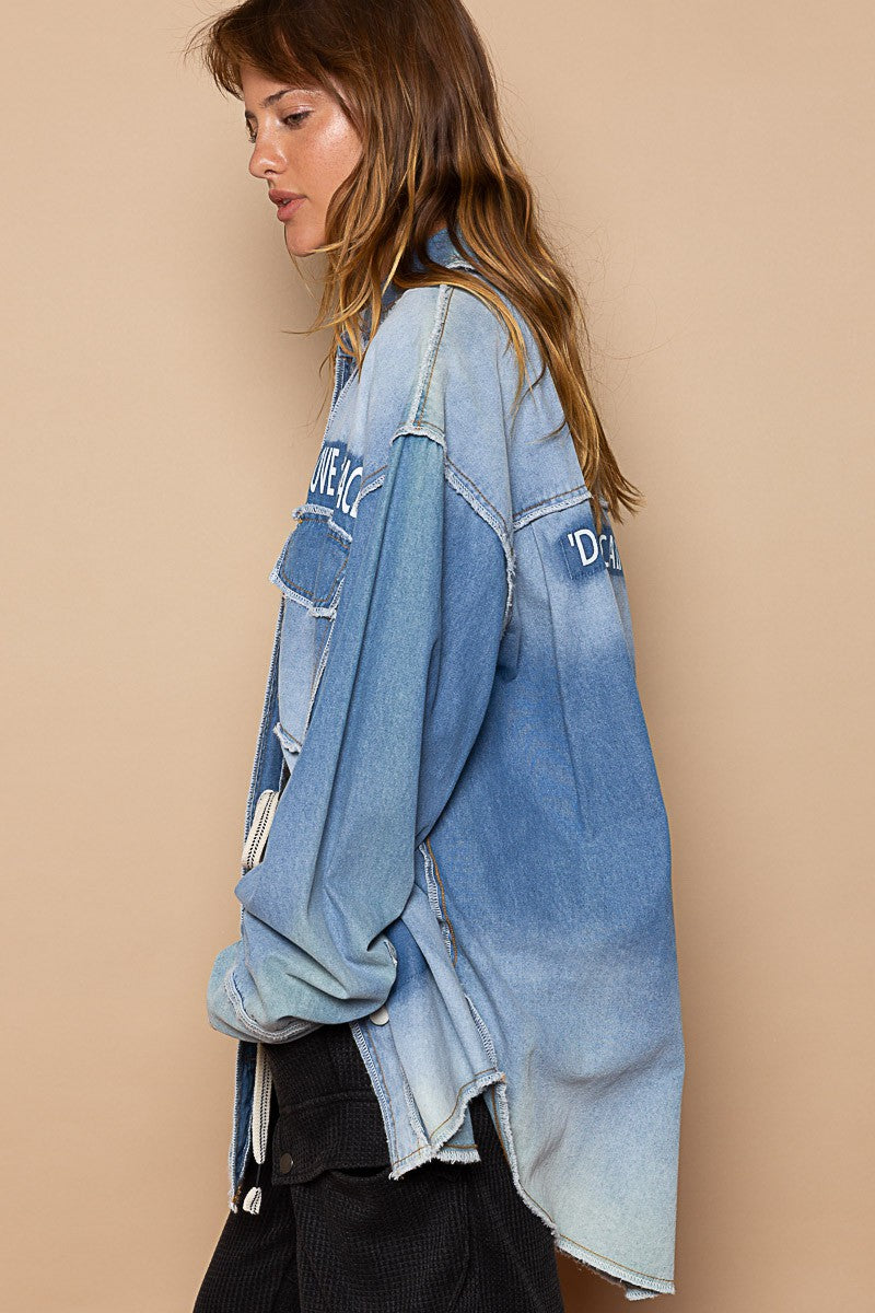 POL Vintage Wash Text Print Oversize Overlock Shirt Top