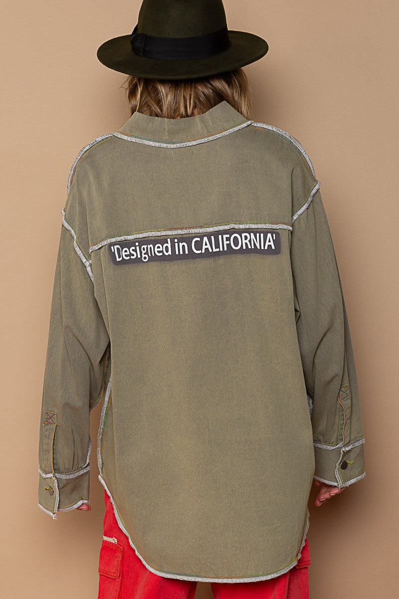 POL Vintage Wash Text Print Oversize Overlock Shirt Top