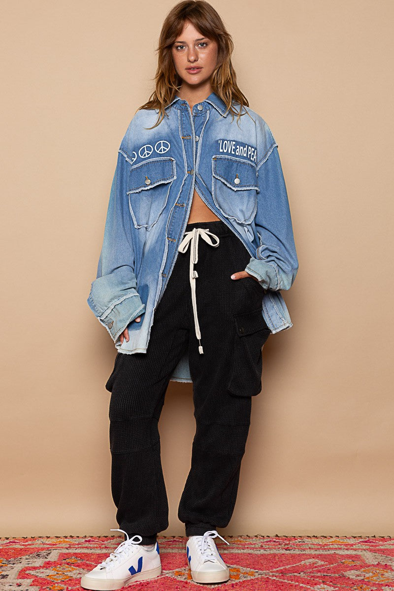 POL Vintage Wash Text Print Oversize Overlock Shirt Top