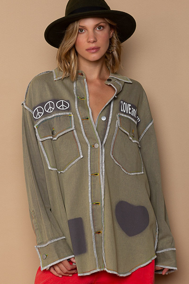 POL Vintage Wash Text Print Oversize Overlock Shirt Top