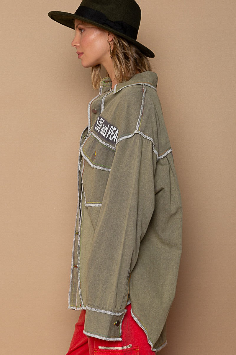 POL Vintage Wash Text Print Oversize Overlock Shirt Top