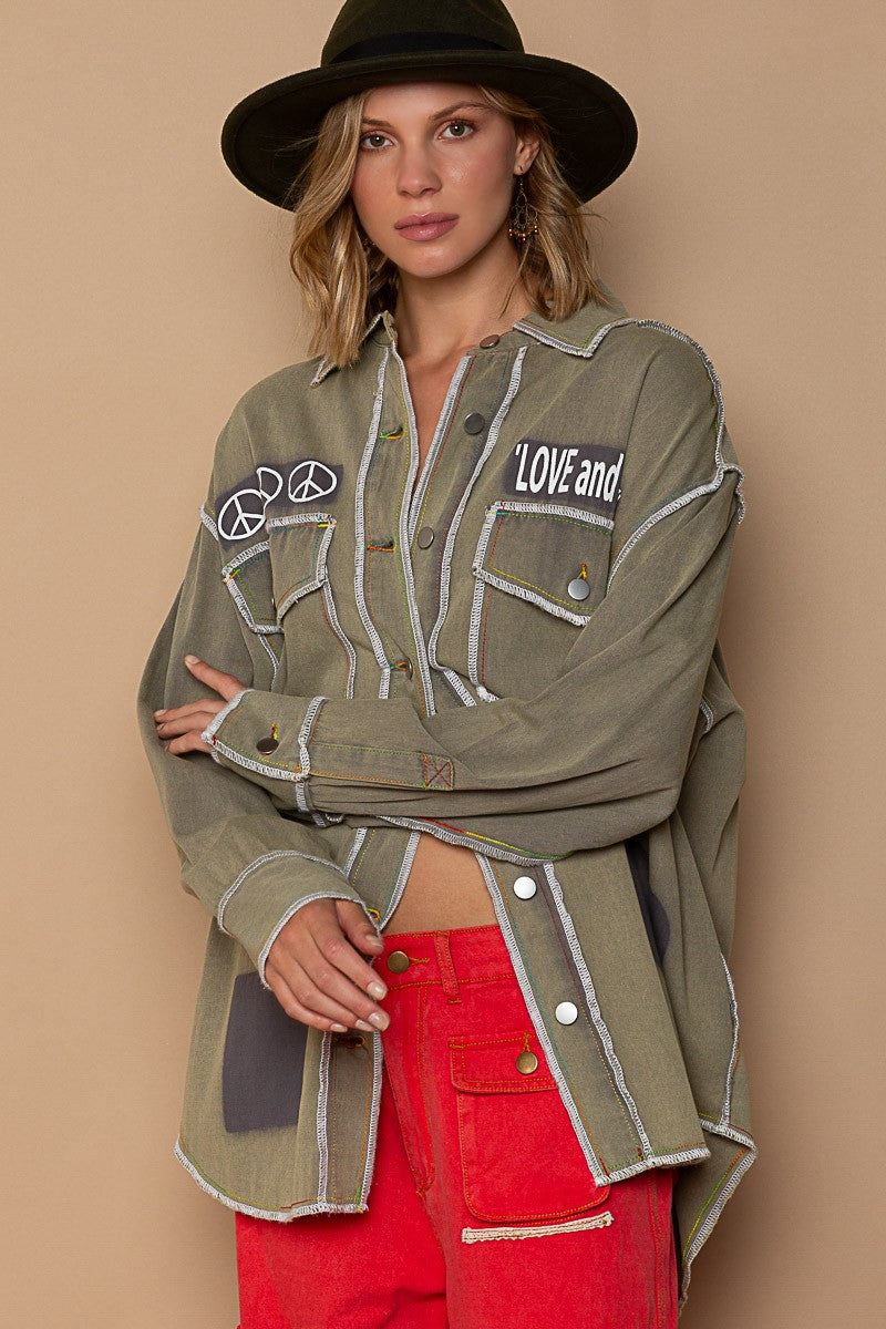 POL Vintage Wash Text Print Oversize Overlock Shirt Top