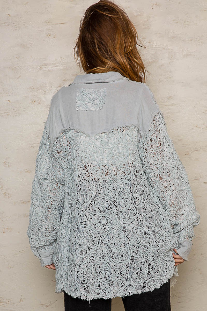 POL Relaxed Sheer Lace Crochet Contrast Gauze Relaxed Fit Shirt - Roulhac Fashion Boutique