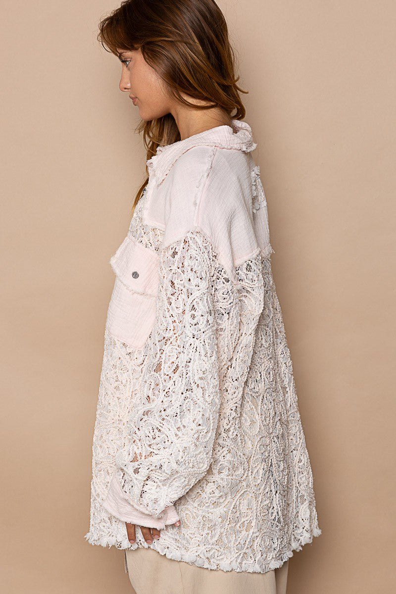 POL Relaxed Sheer Lace Crochet Contrast Gauze Relaxed Fit Shirt
