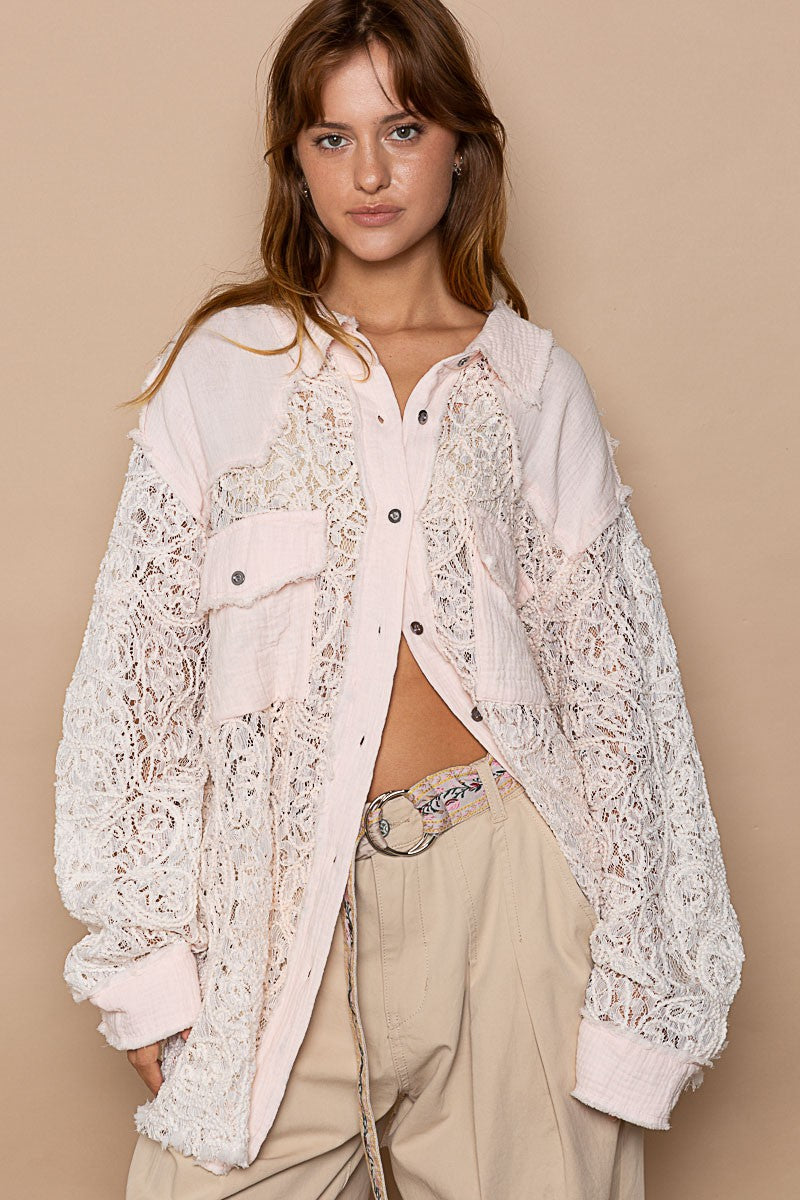 POL Relaxed Sheer Lace Crochet Contrast Gauze Relaxed Fit Shirt