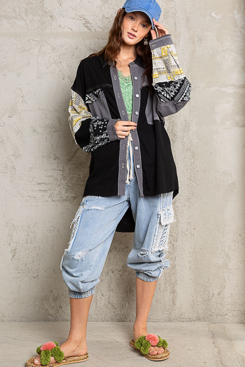 POL Oversize Contrast Fabric Panels Button Down Top