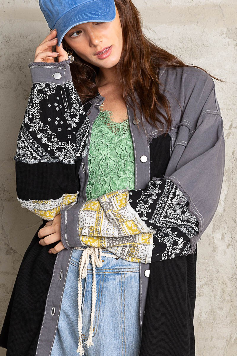 POL Oversize Contrast Fabric Panels Button Down Top