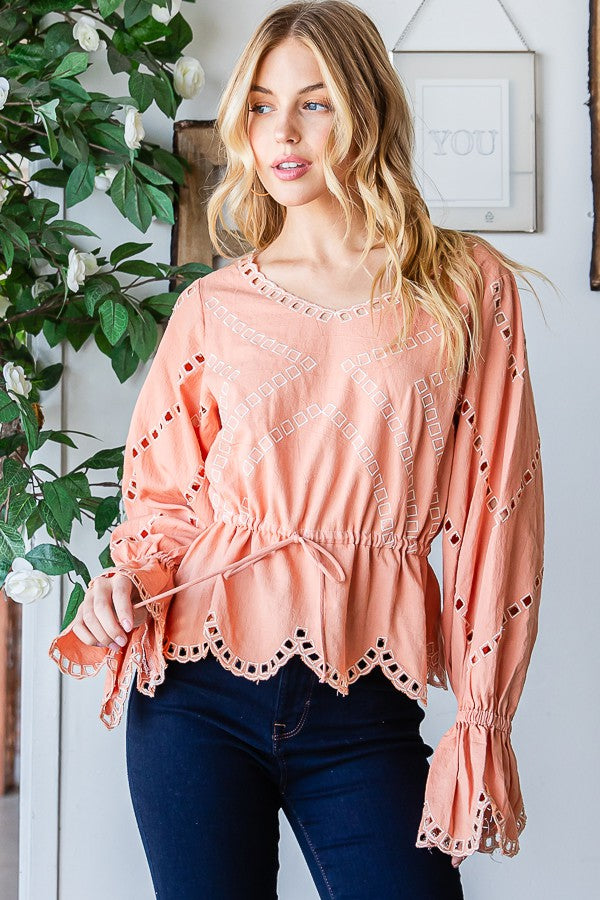 Oli & Hali Embroidered Washed Scallop Edge Top