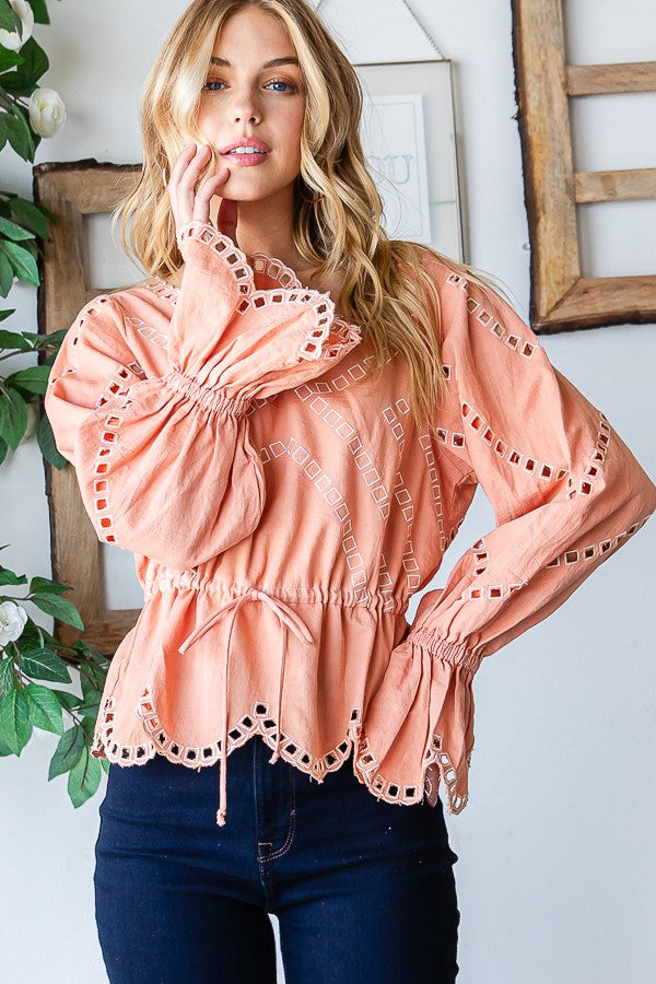 Oli & Hali Embroidered Washed Scallop Edge Top