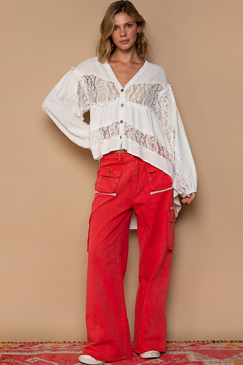 POL Balloon Sleeve Lace Contrast High Low Top