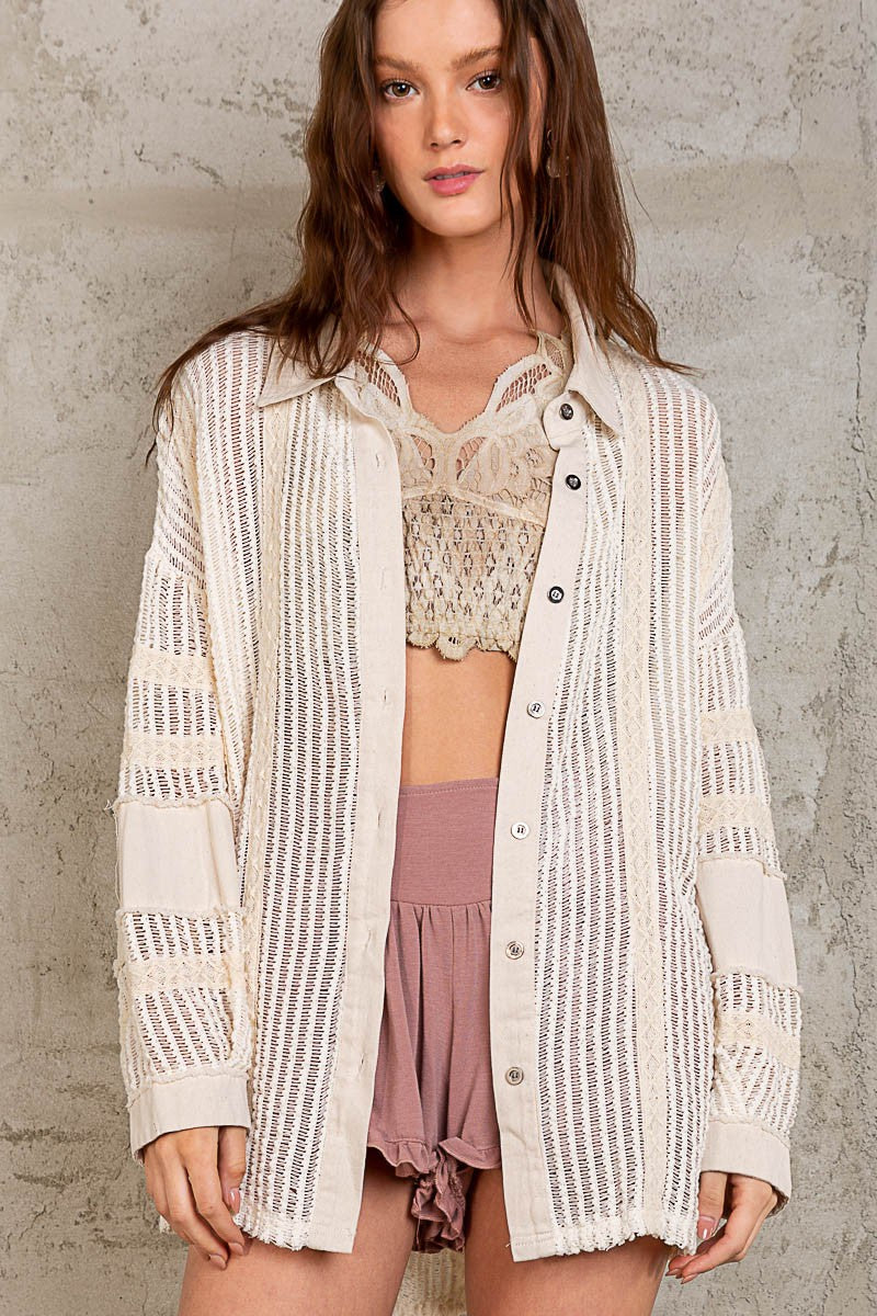 POL Oversize Open Weave Contrast Button Down Shirt Top