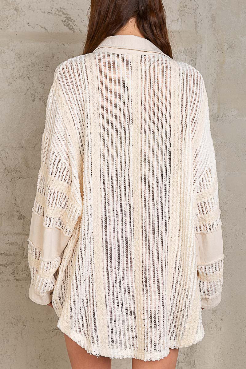 POL Oversize Open Weave Contrast Button Down Shirt Top