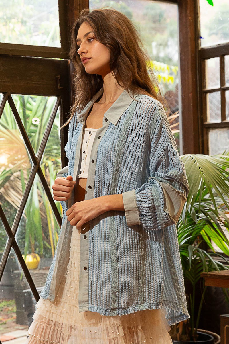 POL Oversize Open Weave Contrast Button Down Shirt Top