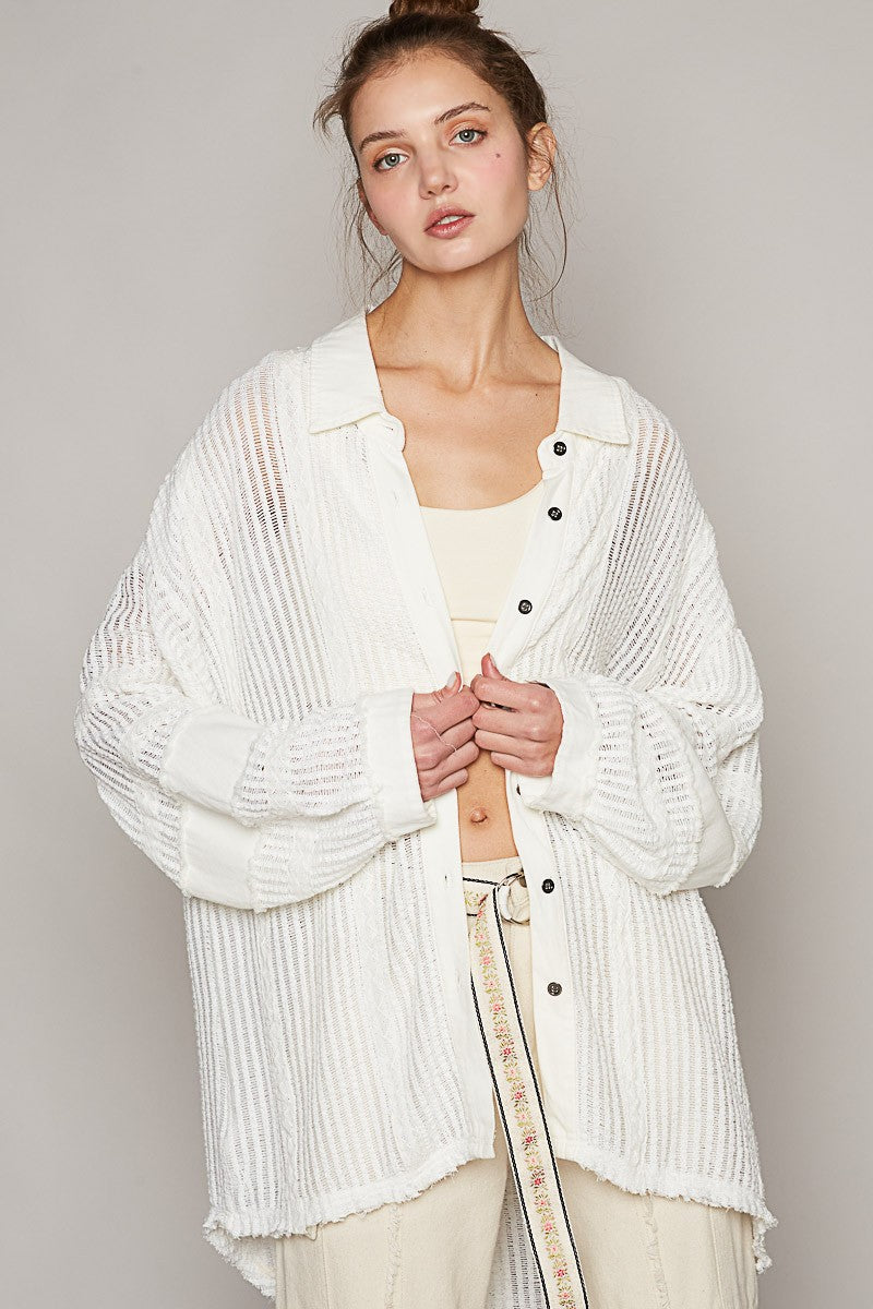 POL Oversize Open Weave Contrast Button Down Shirt Top