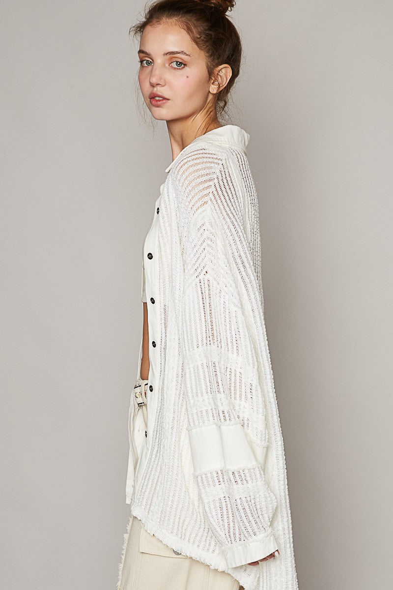 POL Oversize Open Weave Contrast Button Down Shirt Top