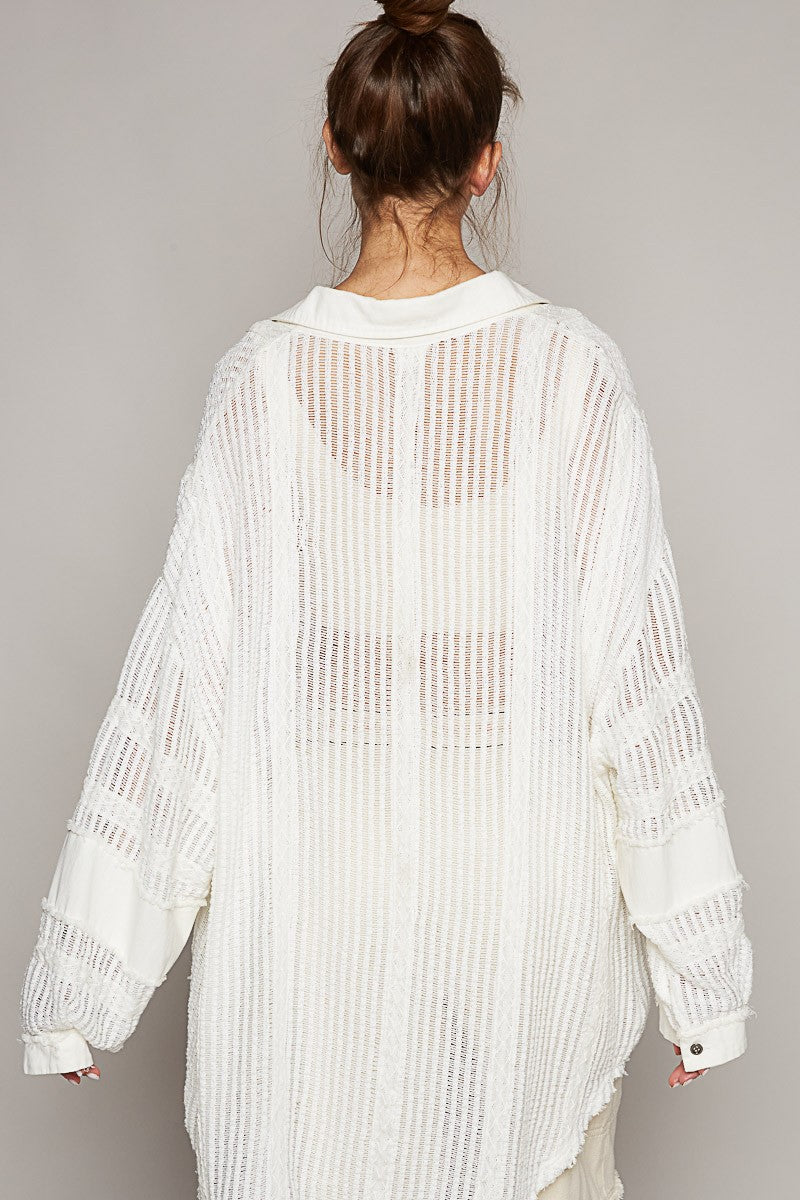 POL Oversize Open Weave Contrast Button Down Shirt Top