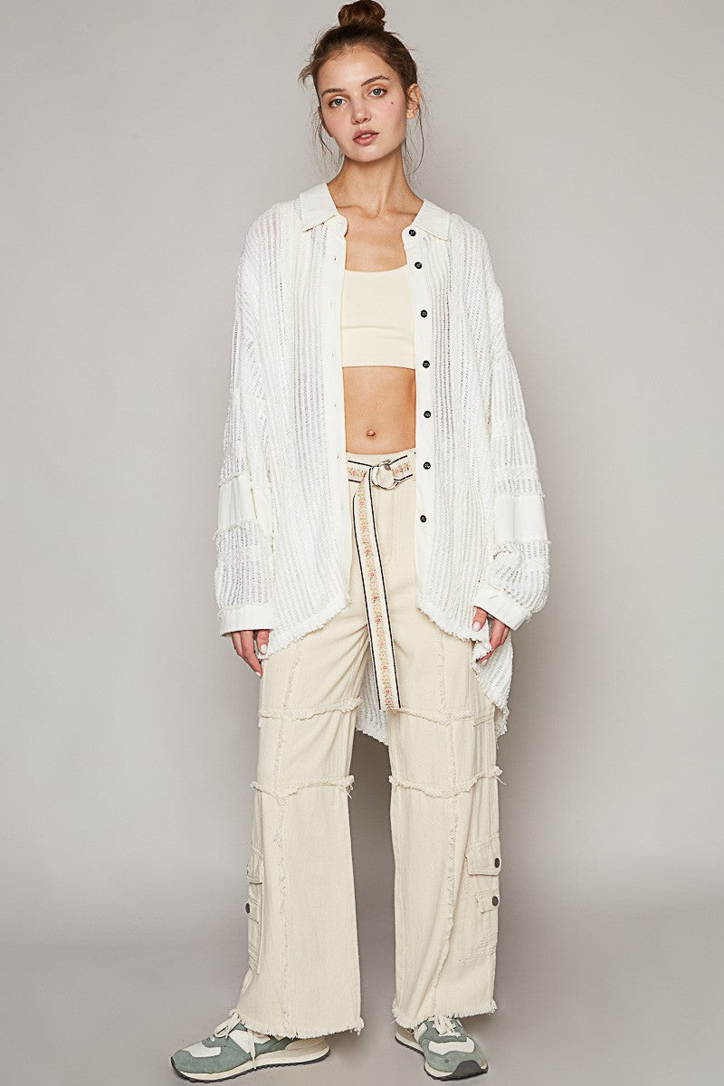 POL Oversize Open Weave Contrast Button Down Shirt Top