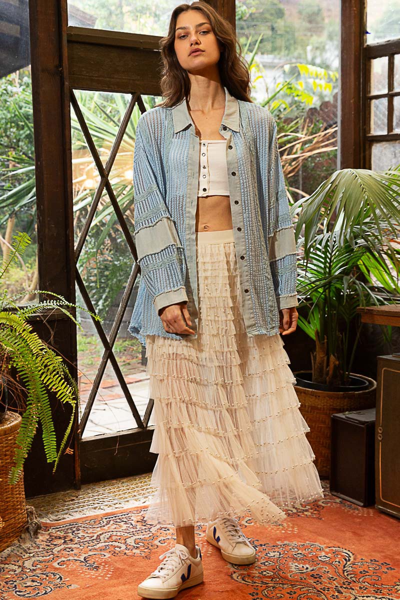 POL Oversize Open Weave Contrast Button Down Shirt Top