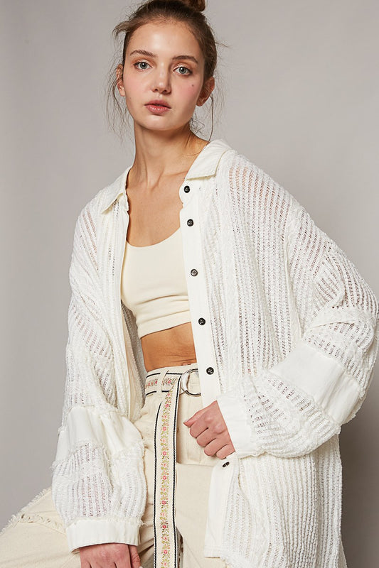 POL Oversize Open Weave Contrast Button Down Shirt Top