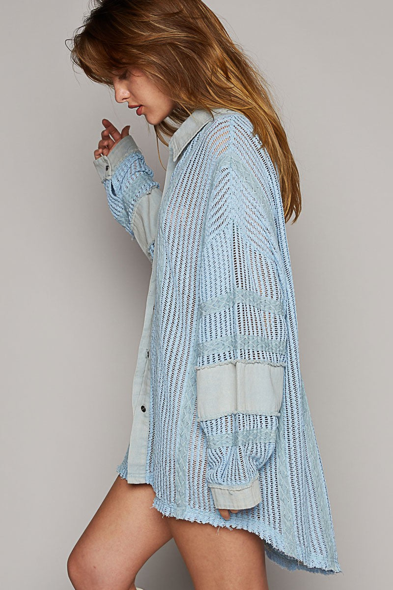POL Oversize Open Weave Contrast Button Down Shirt Top