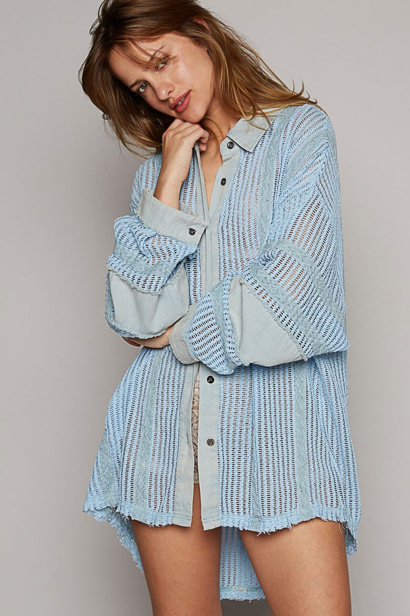 POL Oversize Open Weave Contrast Button Down Shirt Top