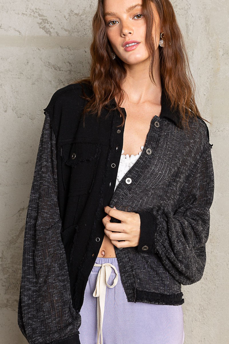 POL Contrast Fabrics Balloon Sleeve Button Down Lightweight Shirt