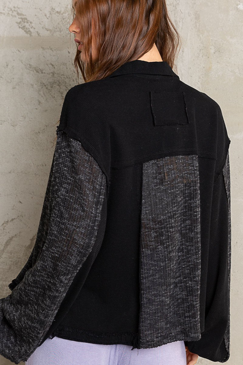 POL Contrast Fabrics Balloon Sleeve Button Down Lightweight Shirt