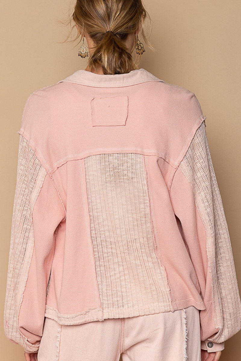 POL Contrast Fabrics Balloon Sleeve Button Down Lightweight Shirt - Roulhac Fashion Boutique