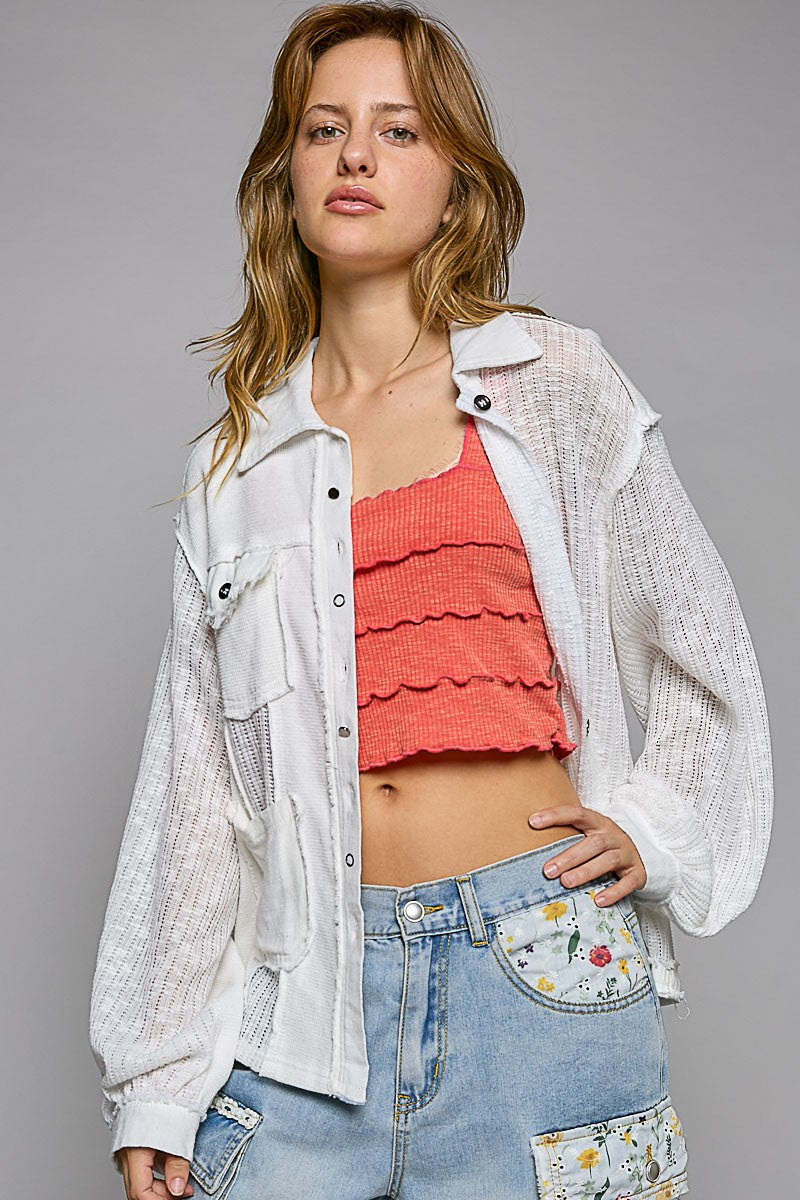 POL Contrast Fabrics Balloon Sleeve Button Down Lightweight Shirt