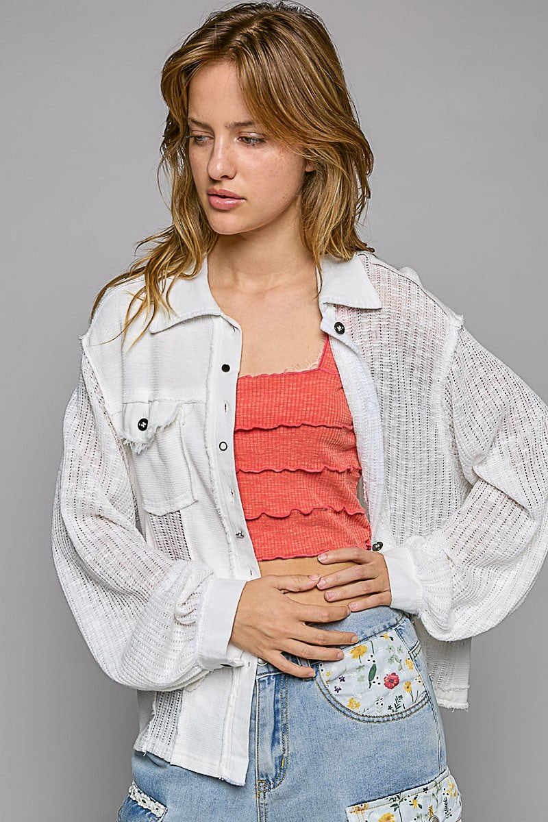 POL Contrast Fabrics Balloon Sleeve Button Down Lightweight Shirt