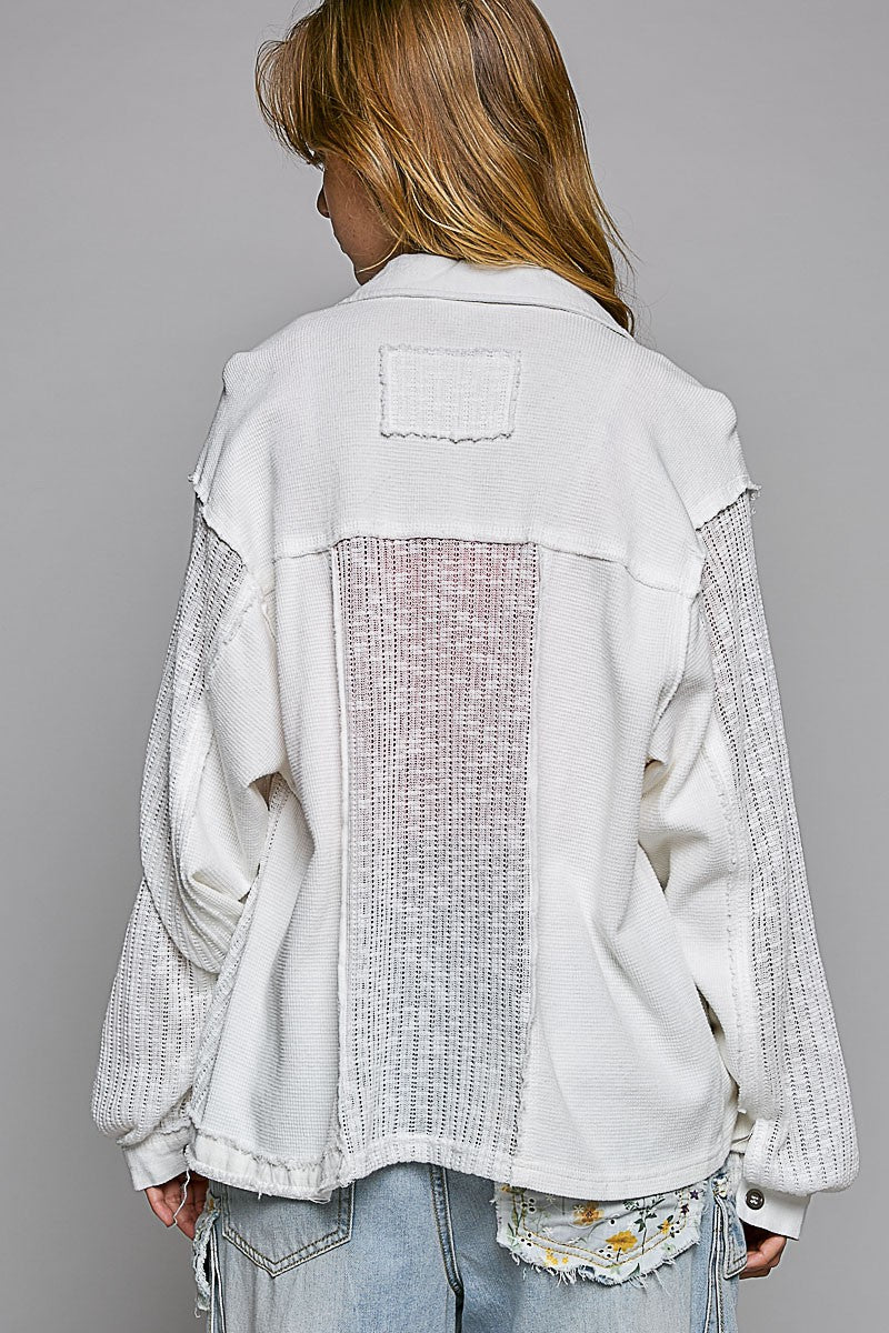 POL Contrast Fabrics Balloon Sleeve Button Down Lightweight Shirt