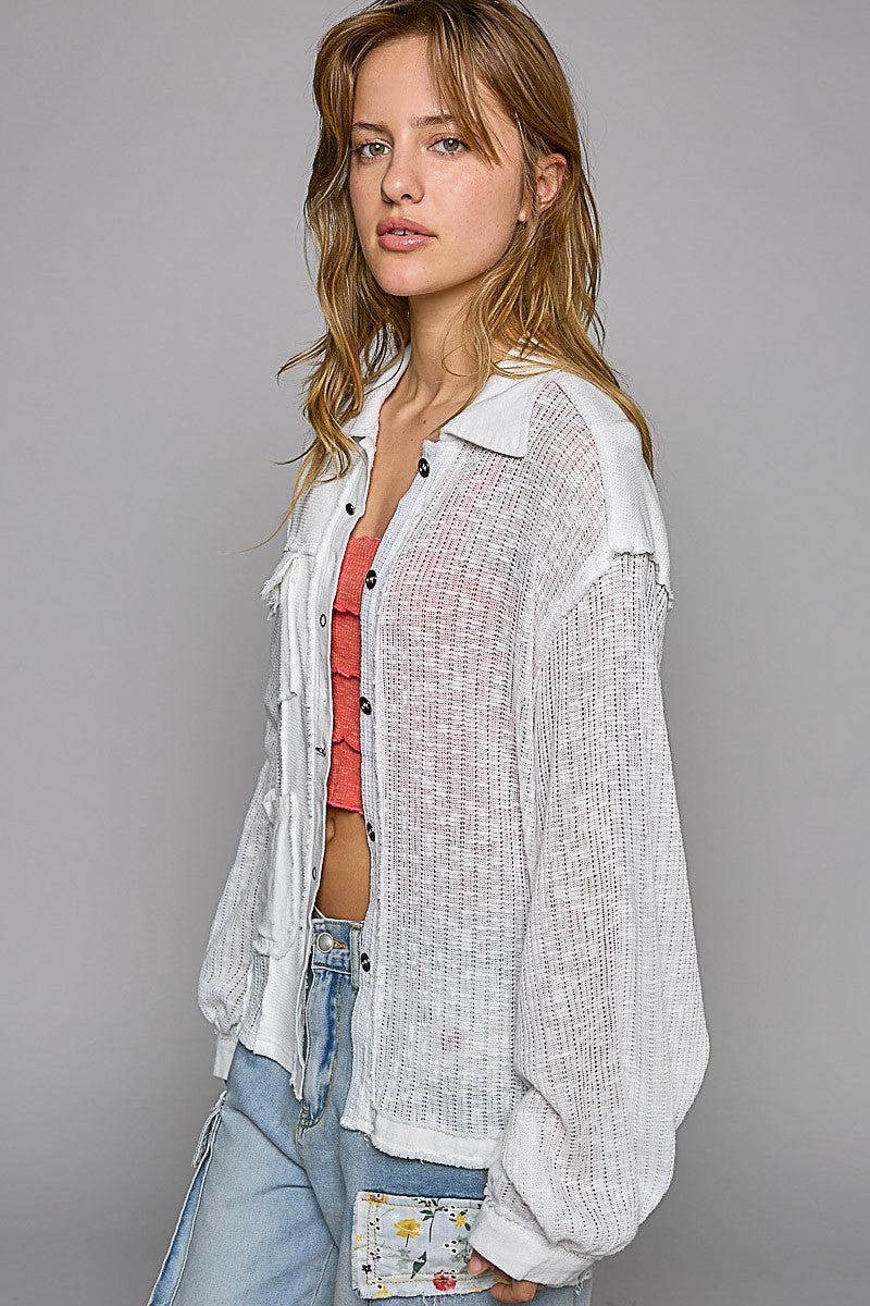 POL Contrast Fabrics Balloon Sleeve Button Down Lightweight Shirt