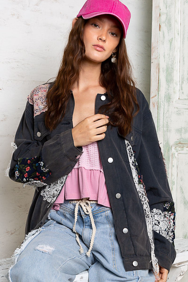 POL Oversize Contrast Patch Detail Button Down Shirt Jacket