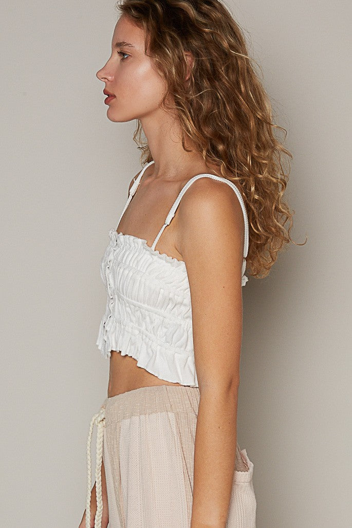 POL Elastic Bands Ruched Button Front Cropped Tank Top