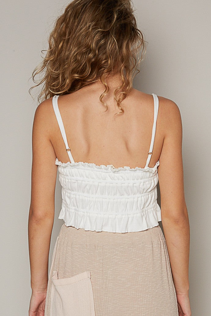 POL Elastic Bands Ruched Button Front Cropped Tank Top