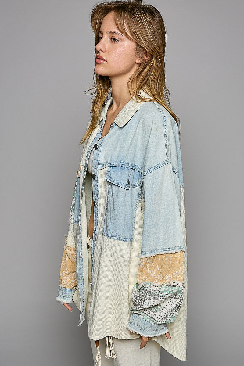 POL Oversize Contrast Fabric Panels Button Down Top