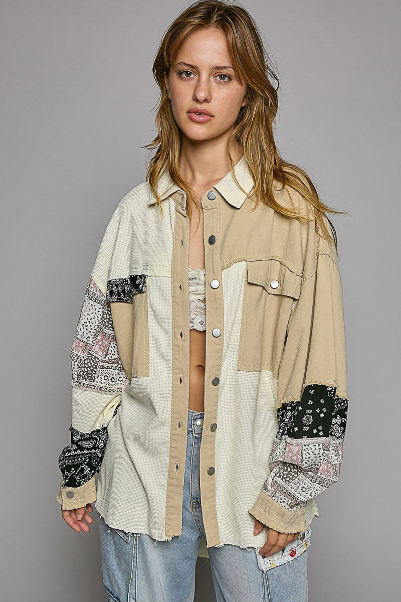 POL Oversize Contrast Fabric Panels Button Down Top