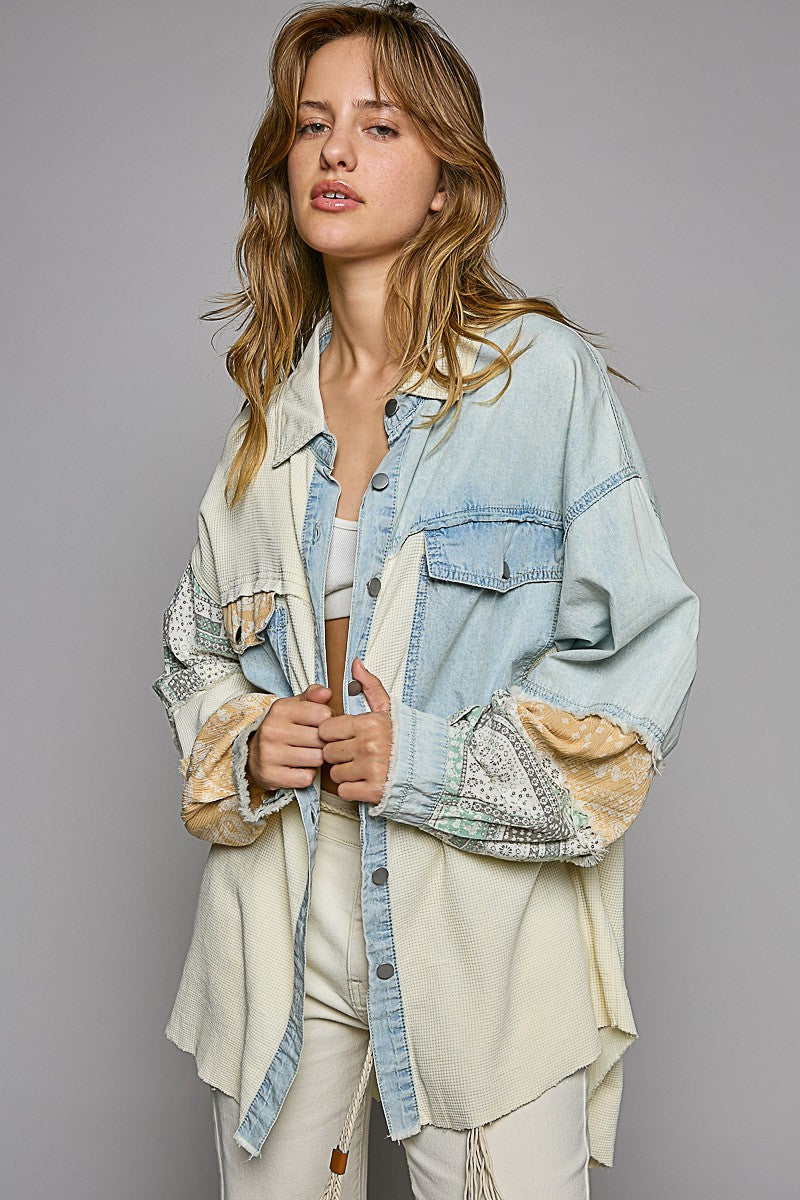 POL Oversize Contrast Fabric Panels Button Down Top