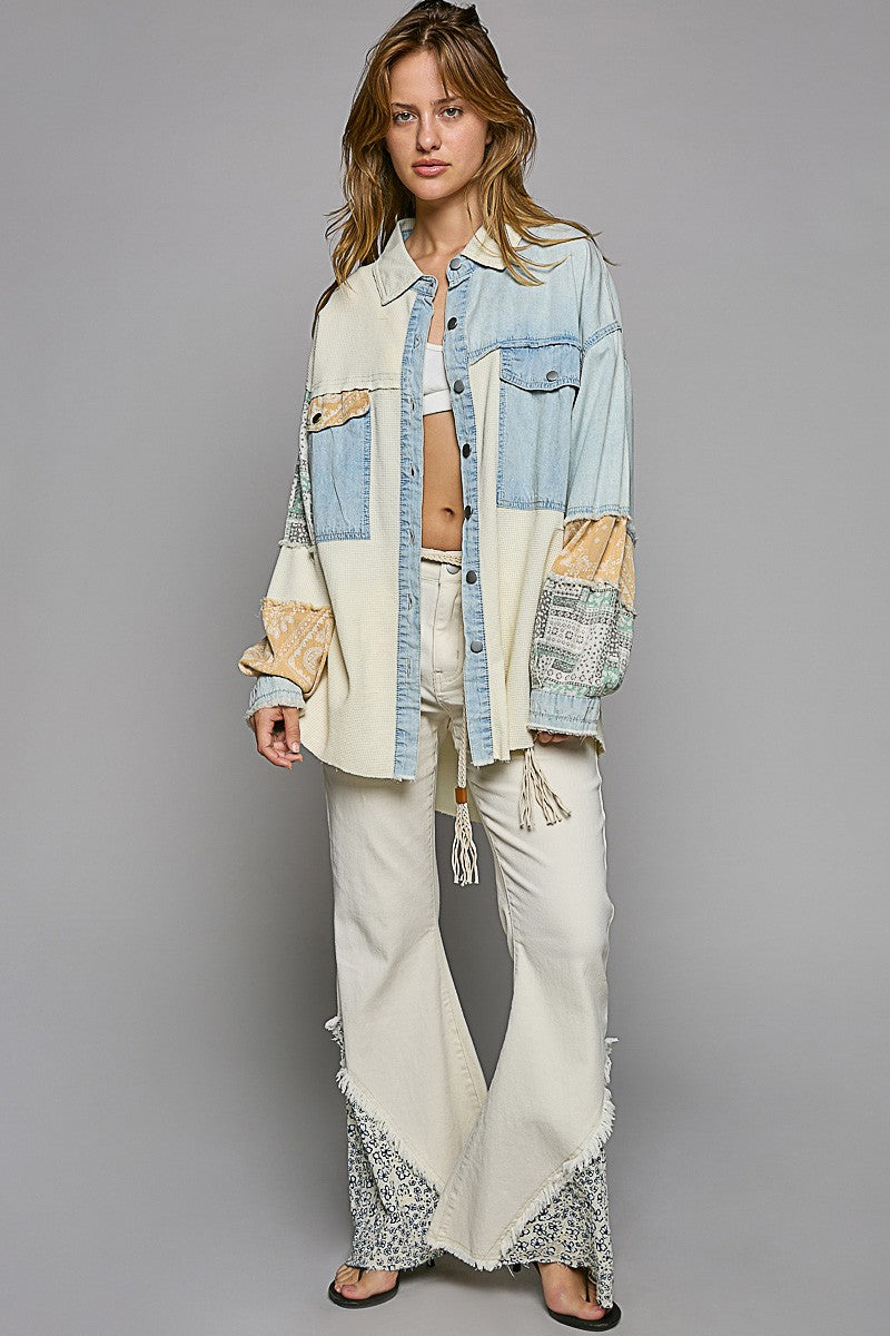 POL Oversize Contrast Fabric Panels Button Down Top