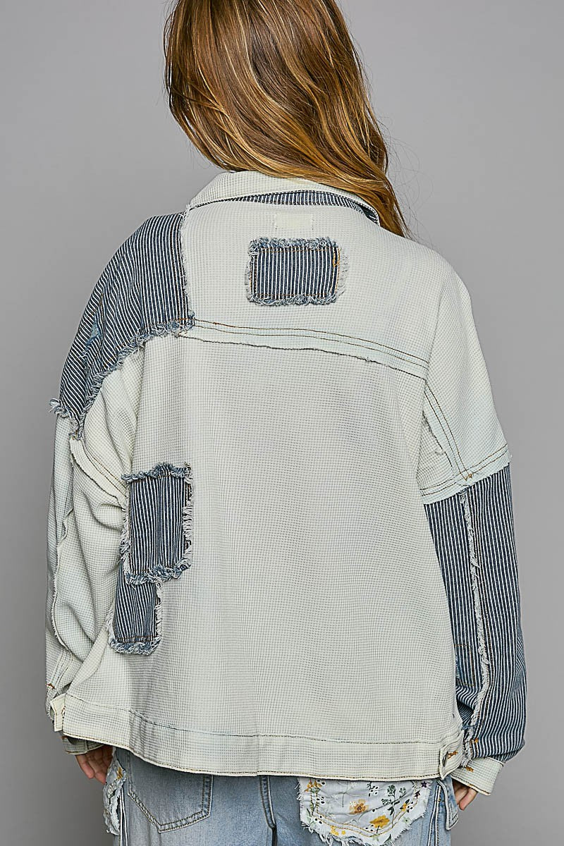 POL Contrast Pinstripe Fabric Button Down Shacket Jacket