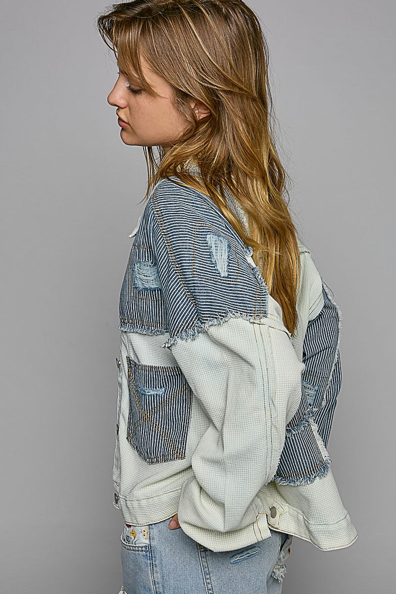 POL Contrast Pinstripe Fabric Button Down Shacket Jacket